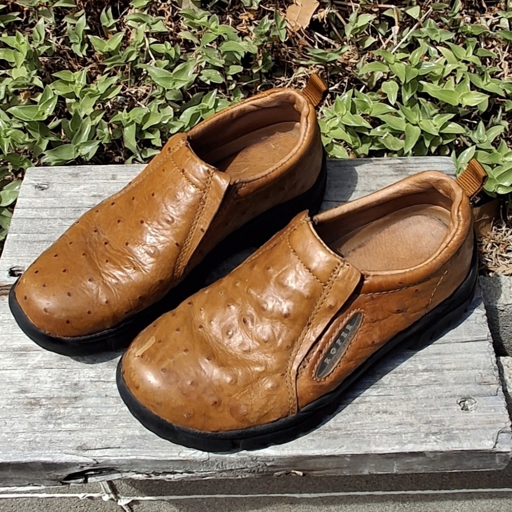 Roper Performance Faux Ostrich Leather Brown Slip-on Shoes Youth Kids Size 3